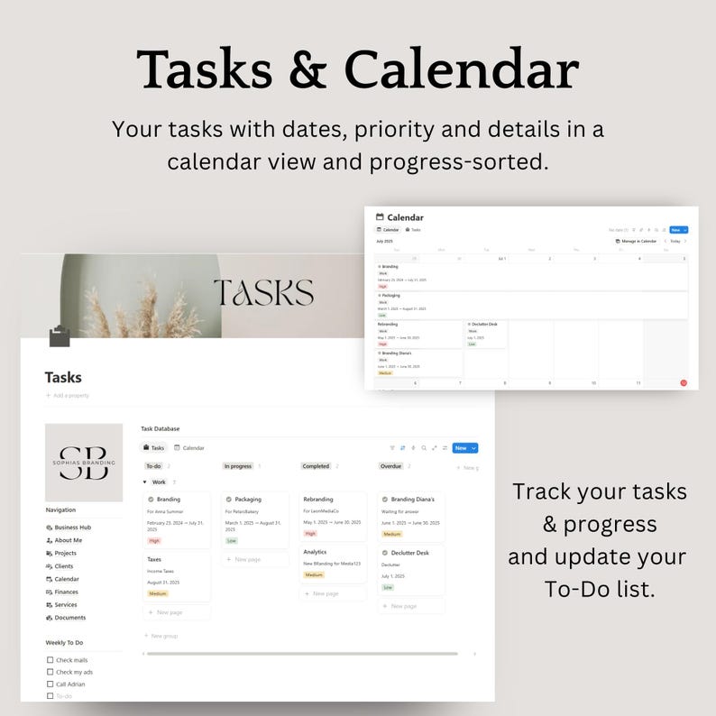 K&ouml;nnte beinhalten: Eine digitale Planer-Oberfl&auml;che mit dem Text "Tasks & Calendar". Die Oberfl&auml;che zeigt eine Kalenderansicht, eine Aufgaben-Datenbank und ein Navigationsmen&uuml;. Der Text "Track your tasks & progress and update your To-Do list" ist ebenfalls sichtbar.