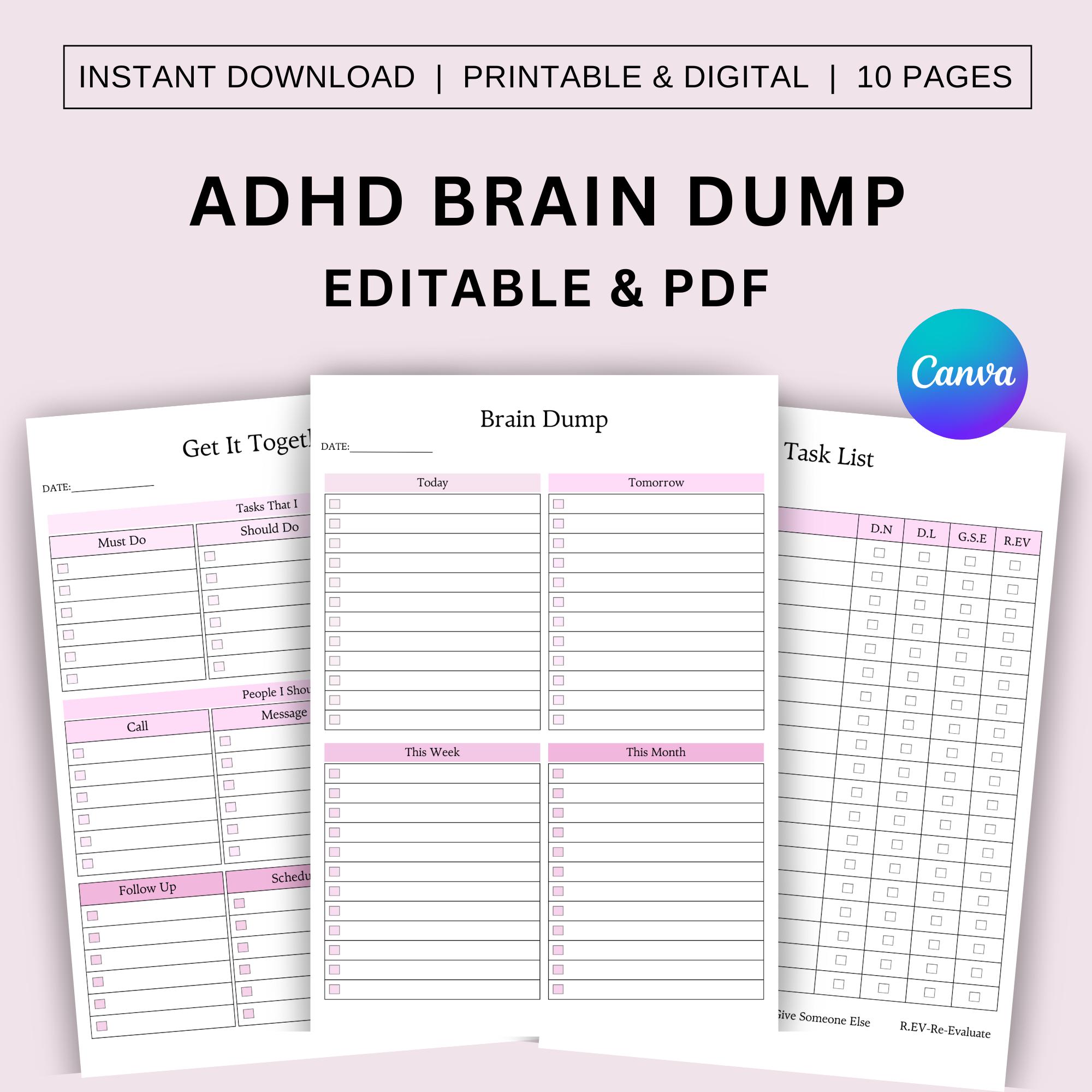 Editable ADHD Brain Dump Templates, Printable ADHD Planner, ADHD ...