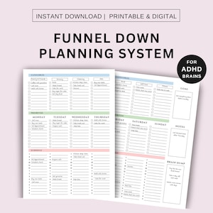 Peut inclure: Un système de planification Funnel Down imprimable et numérique pour les cerveaux atteints de TDAH. Le planificateur comprend des sections pour catégoriser, prioriser et planifier, avec un espace pour les notes et un remue-méninges. Le design est en noir et blanc avec des accents de couleurs pastel.