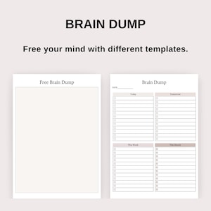 K&ouml;nnte beinhalten: Zwei druckbare Brain-Dump-Vorlagen. Die erste Vorlage ist eine leere Seite mit dem Text "Free Brain Dump". Die zweite Vorlage hat einen Bereich f&uuml;r "Heute", "Morgen", "Diese Woche" und "Dieser Monat" mit Kontrollk&auml;stchen und Zeilen zum Schreiben.
