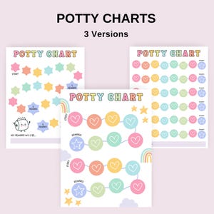May include: Three different printable potty training charts with a rainbow, stars, and hearts. The charts are designed to help children learn to use the potty. The text on the charts says "Potty Chart" and "My Reward Will Be..."