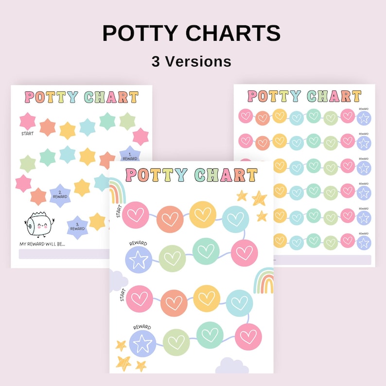 May include: Three different printable potty training charts with a rainbow, stars, and hearts. The charts are designed to help children learn to use the potty. The text on the charts says "Potty Chart" and "My Reward Will Be..."