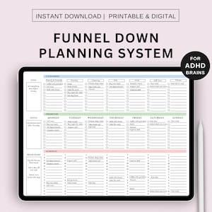 Könnte beinhalten: Ein digitaler Planer auf einem Tablet mit dem Text "FUNNEL DOWN PLANNING SYSTEM" und "FOR ADHD BRAINS". Der Planer ist in Abschnitte für Ziele, Kategorien, Priorisierung, Notizen, Zeitplan und Brainstorming unterteilt. Er enthält Kontrollkästchen für Aufgaben.
