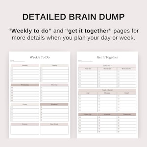 K&ouml;nnte beinhalten: Eine druckbare Planerseite mit dem Titel "Weekly To Do" und einem Abschnitt f&uuml;r jeden Tag der Woche. Eine zweite druckbare Planerseite mit dem Titel "Get It Together" hat Abschnitte f&uuml;r Aufgaben, die erledigt werden m&uuml;ssen, erledigt werden sollten und die man erledigen m&ouml;chte. Es gibt auch Abschnitte f&uuml;r Personen, die man anrufen, eine Nachricht schicken und eine E-Mail schreiben kann.