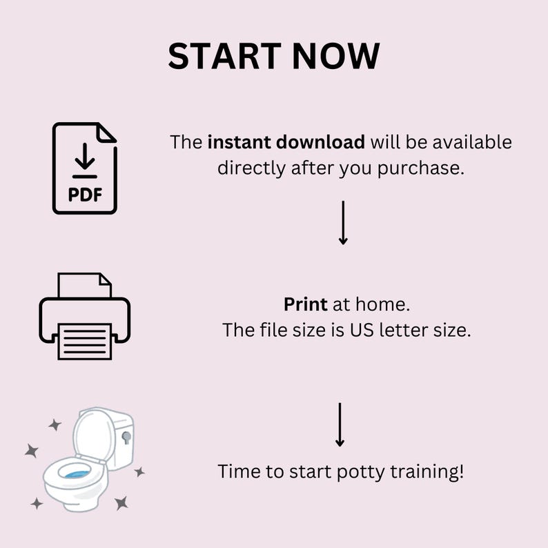May include: A printable PDF download of a potty training chart. The chart features a toilet with stars and a printer icon. The text "START NOW" is at the top of the image. The text "The instant download will be available directly after you purchase." is below the PDF icon. The text "Print at home. The file size is US letter size." is below the printer icon. The text "Time to start potty training!" is below the toilet icon.