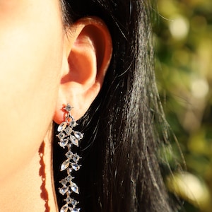 Wedding Earrings| Silver Crystal Long Tassel Leaf earrings| Bridal Earrings | Elegant Silver Wedding Party Jewelry