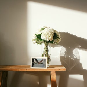 May include: A wooden bench holds a clear glass vase filled with white hydrangeas. A framed photo with the text "YOUR PHOTO HERE" sits in front of the vase. The scene is bathed in sunlight, casting shadows on the white wall.