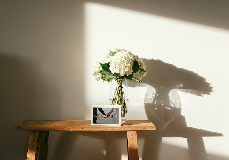 May include: A wooden bench holds a clear glass vase filled with white hydrangeas. A framed photo with the text "YOUR PHOTO HERE" sits in front of the vase. The scene is bathed in sunlight, casting shadows on the white wall.