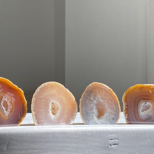 Könnte beinhalten: Vier polierte Achatscheiben in Orange-, Pfirsich- und Weißtönen werden gezeigt. Jede Scheibe zeigt ein einzigartiges Muster aus konzentrischen Ringen und einem zentralen Hohlraum. Die natürlichen Gesteinsformationen sind in einer Reihe angeordnet und zeigen ihre unterschiedlichen Texturen.