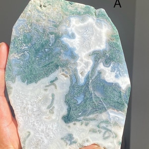 May include: A polished, irregularly shaped stone with a natural pattern. The stone features a mix of white, light blue, and green hues, with the letter "A" visible in the upper right corner. The stone is held in a hand.