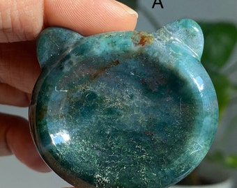 Moss Agate Crystal Cat And Round Shaped Trinket Bowls