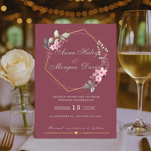 Bordeaux Save The Date Card, afdrukbare uitnodiging, eenvoudige moderne Save the Date, bewerkbare klassieke elegante uitnodiging