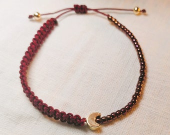 Burgundy adjustable macrame bracelet with gold moon and dark red beads