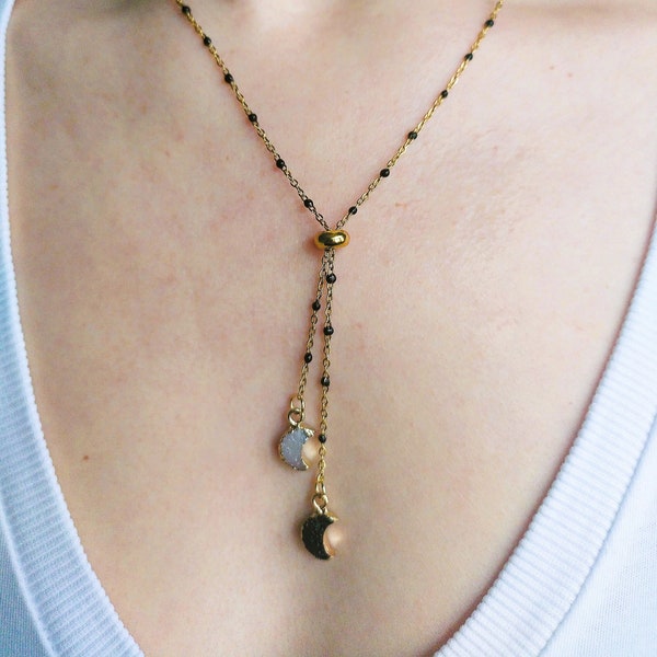 Delicate gold-plated Y-necklace with black enamel pearls and white, black druzy moon, 61 cm long, Y-necklace adjustable without clasp