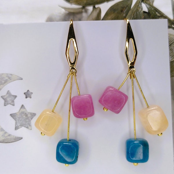 14 carat gold-plated earrings with cube quartz gemstone pendants in blue, pink and light yellow, bar pendant ear hooks in sorbet colors