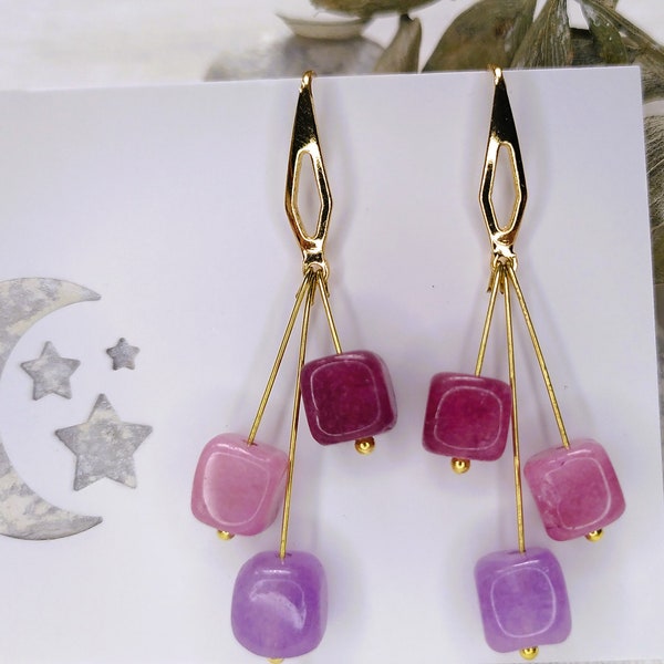 14 carat gold plated earrings with cube quartz gemstone pendants in pink, pink, purple, bar pendant ear hooks in berry colors