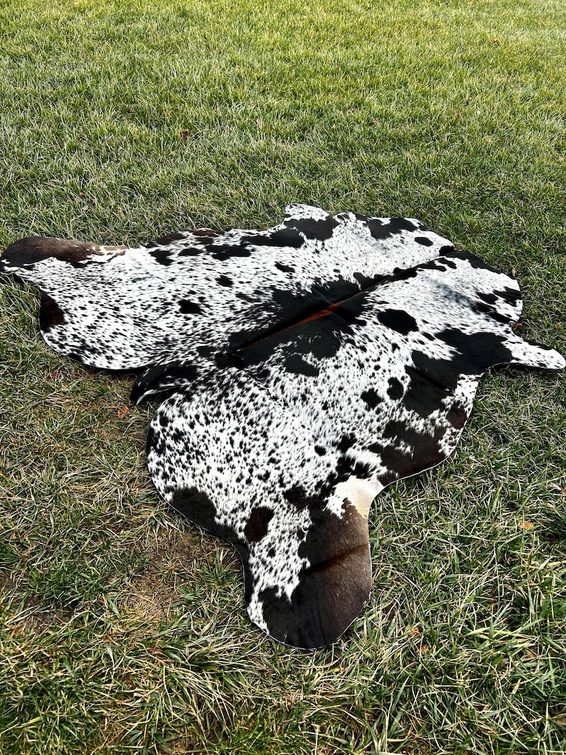 以下が含まれることがあります： 黒と白の斑点模様の天然模様の牛革ラグ。 ラグは不規則な形をしており、緑の草の上にあります。 革には濃い茶色の縁があります。