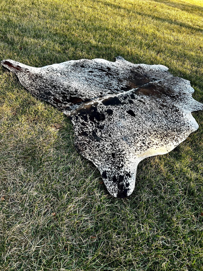 以下が含まれることがあります： 黒と白の斑点模様が特徴的なカウハイドラグ。不規則な形状で、緑の草の上に置かれ、そのユニークな有機的な形を際立たせています。この装飾ラグは、あらゆる空間に素朴な雰囲気を加えます。
