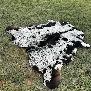 以下が含まれることがあります： 黒と白の斑点模様の天然模様の牛革ラグ。 ラグは不規則な形をしており、緑の草の上にあります。 ラグの端は濃い茶色です。