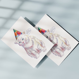 Katze Geburtstagskarte | Grimmige Katze | Postkarte für Katzenliebhaber | Katze mit Partyhut | Postkarte zum Geburtstag | Tierpostkarte