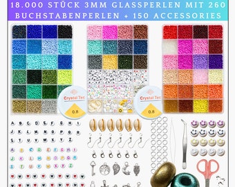 18000 3mm Glasperlen mit 260 Buchstabenperlen+150 Zubehör,Perlen zum Auffädeln,Set,DIY Schmuck,Basteln,Armbänder selber machen, Geschenkidee