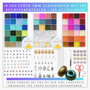 18,000 3 mm glass beads with 260 letter beads + 150 accessories, beads for threading, set, DIY jewelry, crafts, make your own bracelets, gift idea
