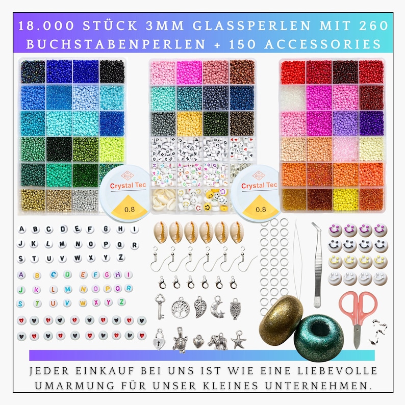 18000 3mm Glasperlen mit 260 Buchstabenperlen150 Zubehör,Perlen zum Auffädeln,Set,DIY Schmuck,Basteln,Armbänder selber machen, Geschenkidee Bild 1