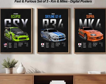 Fast & Furious Car Poster Set: Toyota Supra, Mitsubishi Eclipse, Nissan Skyline (Digital Download) | Gift