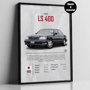 May include: A framed print featuring a black 1999 Lexus LS 400 sedan. The print includes the car's specifications, such as engine, power, torque, and weight. The text "LS 400" is displayed prominently at the top.