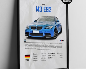BMW M3 E92 Poster | V8 Performance Wall Art | BMW M3 Digital Download | E92 Coupe Printable | Car Enthusiast Gift