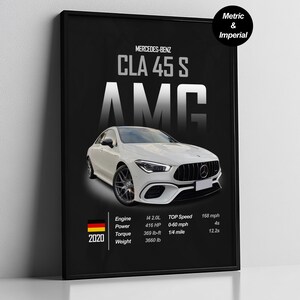 May include: A framed poster featuring a white Mercedes-Benz CLA 45 S AMG car. The poster includes technical specifications such as engine size, horsepower, torque, and top speed of 168 mph. The year 2020 is also displayed.