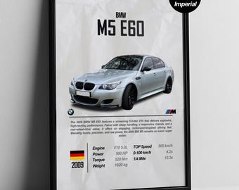 May include: Framed poster featuring a silver BMW M5 E60. The poster includes technical specifications such as engine, power, torque, and weight. The text also mentions the car's top speed and acceleration.