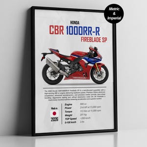 May include: A framed poster featuring a red, white, and blue Honda CBR1000RR-R Fireblade SP motorcycle. The poster includes specifications such as engine size, horsepower, torque, weight, and top speed. The text also includes the year 2026.