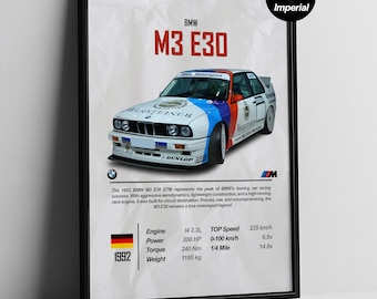 May include: A framed poster of a BMW M3 E30 race car. The car is white, blue, and red with sponsor logos. Text includes "BMW M3 E30", engine specs, and "1992". The poster is in a black frame.