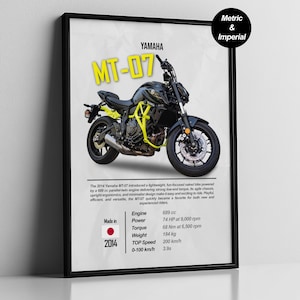 May include: Framed print featuring a black and yellow Yamaha MT-07 motorcycle. The image includes specifications such as engine size, power, torque, weight, and top speed. The text also mentions the bike's agile chassis and upright ergonomics.