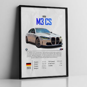 Puede incluir: Póster enmarcado con un sedán deportivo BMW M3 CS blanco. El póster incluye las especificaciones del coche, como el tamaño del motor, la potencia y la velocidad máxima. El texto "BMW M3 CS" se muestra en azul. La velocidad máxima es de 306 km/h.