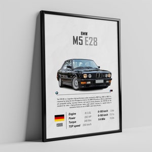May include: A black 1988 BMW M5 E28 saloon with a German flag in the corner. The car has a black interior and a black exterior. The car is on a white background. The text "BMW M5 E28" is in large, bold letters at the top of the image. The text "1988" is in the bottom left corner of the image. The text "Engine: 3.5L, Power: 282 HP, Torque: 340 Nm, Top Speed: 250 km/h" is in the bottom right corner of the image.
