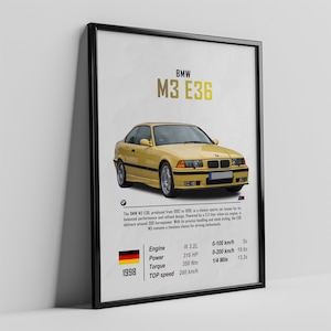 May include: A yellow 1998 BMW M3 E36 sports car with a black interior. The car is shown against a white background. The car's specifications are listed below the image: Engine: I6 3.2L, Power: 316 HP, Torque: 350 Nm, Top Speed: 280 km/h, 0-100 km/h: 5s, 0-200 km/h: 19.6s, 1/4 Mile: 13.3s.