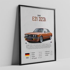 May include: A poster featuring a brown BMW E21 323i car with the text "BMW E21 323i" and "1982" printed on it. The poster also includes information about the car's engine, power, torque, and top speed.
