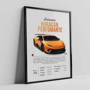 Puede incluir: Un póster con un Lamborghini Huracan Performante de color naranja brillante. El póster incluye el nombre del coche, las especificaciones del motor y las estadísticas de rendimiento, incluida la velocidad máxima, la aceleración de 0 a 100 km/h y el tiempo en un cuarto de milla. El póster se hizo en 2019.