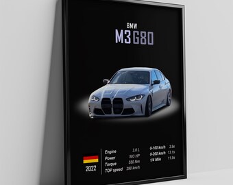 May include: A white BMW M3 G80 sports car with black accents and a black grille. The car is on a black background with white text that reads "BMW M3 G80". The text below the car lists the car's specifications, including engine size, horsepower, torque, and top speed.