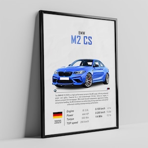 Puede incluir: Un coche deportivo BMW M2 CS 2020 azul con detalles negros y un interior negro. El coche está sobre un fondo blanco con texto que dice "BMW M2 CS" e incluye información sobre el motor, la potencia, el par y la velocidad máxima del coche. El texto también incluye el año 2020.