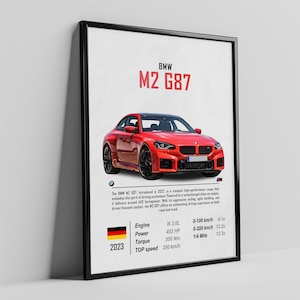 Puede incluir: Póster enmarcado de un BMW M2 G87 rojo. Incluye especificaciones técnicas como la cilindrada del motor, la potencia y los tiempos de aceleración. La bandera alemana y el año 2023 también se muestran.