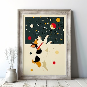 Cheerful Dog Playing Fetch Art Print | Vibrant Wall Decor for Pet Lovers | Playful Pup Chasing Balls Illustration | Unique Gift Idea