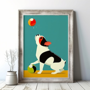 Cheerful Dog Playing Fetch Art Print | Vibrant Wall Decor for Pet Lovers | Playful Pup Chasing Balls Illustration | Unique Gift Idea
