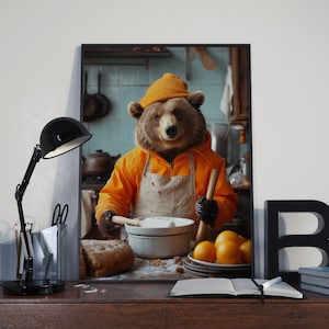 Oso de cocina, estampado animal divertido, animal salvaje moderno, impresión de arte para pared, animales en la cocina, animales divertidos, cocina divertida, arte digital AI
