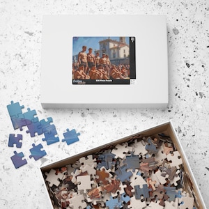 Jigsaw Puzzle of a 1950s Oil Painting of a Group of Young Men at the Sea in their Bathers Beefcake (5) 110, 252, 520 piece options