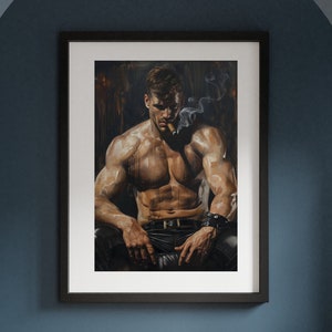 Poster di un uomo muscoloso in pantaloni di pelle che fuma (3) in stile Tom of Finland