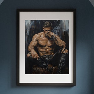 Póster de un hombre musculoso con polainas de cuero fumando (5) al estilo de Tom of Finland