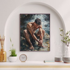 Poster Royo Style Oil Painting of a Young Muscular Man in a Waterfall Washing his Feet (10)